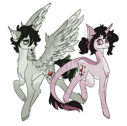 black_hair cutie_mark duo eye_contact feathered_wings feathers female frown fur green_highlights green_tail grey_body grey_fur hair highlights_(coloring) hooves horn looking_at_another looking_back male medium_hair pink_body pink_highlights pink_tail ponification simple_background smile snout tail tuft unicorn_horn white_background wings luzcckity hasbro my_little_pony mythology the_coffin_of_andy_and_leyley andrew_graves ashley_graves equid equine mammal mythological_creature mythological_equine pegasus unicorn 2026 hi_res signature brother_(lore) brother_and_sister_(lore) sibling_(lore) sister_(lore)