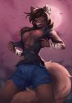 anthro arm_wraps bat belt bottomwear breasts brown_body brown_fur brown_hair canid canine canis clothed clothing denim denim_clothing fangs female full_moon fur hair halloween hi_res holidays inner_ear_fluff jewelry kate0212 korol long_hair looking_at_viewer mammal moon necklace night nipples one_breast_out open_clothing open_shirt open_topwear partially_clothed red_eyes shirt shorts sky solo standing tearing_clothing tearing_own_clothing teeth topwear torn_clothing torn_shirt torn_topwear tuft wolf wraps