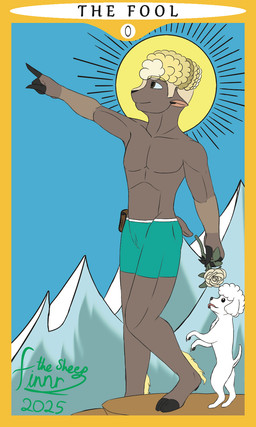 anthro bent_legs brown_body brown_eyes card clothed clothing feral fingers flower fur hair hooved_fingers hooves major_arcana male mountain partially_clothed plant rose_(flower) scenery shaved sky slim slim_male solo sun tan_hair tarot tarot_card the_fool_(tarot) underwear wool_(fur) finnrthesheep finneas_amir_(finnir) bovid canid canine canis caprine domestic_dog mammal sheep 3:5 hi_res