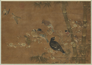 ambiguous_feral ambiguous_gender bamboo beak biped bipedal_feral branch feathered_wings feathers feet feral flower flying group leaf looking_away looking_down narrowed_eyes on_branch plant simple_background standing tail tail_feathers talons toes wings unknown_artist avian bird 16th_century ancient_art hi_res painting_(artwork) traditional_media_(artwork) traditional_painting_(artwork)