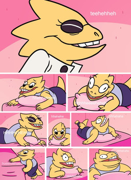 anthro barefoot bed bedroom blank_stare bottomwear buckteeth clothing coat derp_eyes eyes_closed eyewear feet female furniture glasses half-closed_eyes humor lab_coat laugh looking_at_viewer looking_forward lying narrowed_eyes on_bed on_front open_mouth open_smile pants scales shirt smile solo tail tank_top teeth text thick_tail topwear wide_hips yellow_body yellow_scales spectrumelf undertale undertale_(series) alphys lizard reptile scalie english_text meme multiple_images