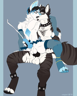 alternative_fashion anal anal_penetration animal_genitalia animal_penis bodily_fluids bottomwear canine_genitalia canine_penis clothing cum ejaculation femboy fishnet_clothing genital_fluids genitals kiss_on_lips kissing knot knotted_penis penetration penis punk skirt aardwolf canid canine fox hyena mammal hi_res