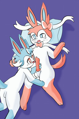 animal_genitalia animal_penis bedding bedding_background bodily_fluids duo fellatio feral genitals heart_eyes heart_symbol intraspecies male male/male oral penile penis sex tears bossu924 nintendo pokemon eeveelution generation_6_pokemon mammal pokemon_(species) shiny_pokemon sylveon 2:3 absurd_res hi_res