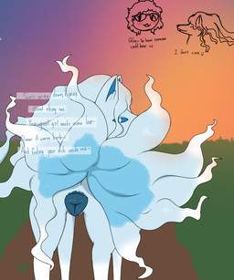 animal_genitalia animal_vulva blep blue_body blue_fur canine_genitalia canine_vulva dialogue female feral fur genitals looking_at_viewer male multi_tail quadruped raised_tail solo sunset tail text tongue tongue_out vulva white_body white_fur crane_(artist) nintendo pokemon alolan_form alolan_ninetales generation_7_pokemon human mammal pokemon_(species) regional_form_(pokemon) 5:6 english_text hi_res