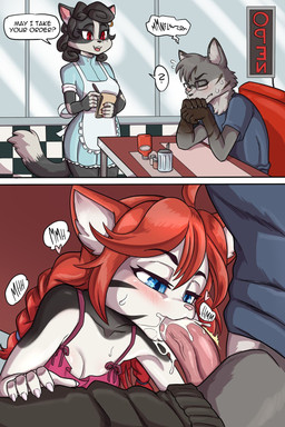 adult_on_young age_difference anthro apron biped black_body black_hair black_markings black_nose blue_eyes blush blush_lines bodily_fluids bottomwear bottomwear_down breasts cheek_tuft claws clothed clothed_sex clothing countershade_face countershade_torso countershading cum cum_in_mouth cum_inside cum_on_penis cum_splatter dialogue diner dipstick_tail duo erection eyes_closed eyewear facial_markings facial_tuft fellatio female fingerless_(marking) genital_fluids genitals glasses gloves_(marking) grey_body hair head_markings heart_symbol holding_object holding_pen humanoid_genitalia humanoid_penis loli long_hair looking_at_another male male/female markings mole_(marking) multicolored_body open_mouth oral pants pants_down partially_clothed pen penile penis pink_nose pupils question_mark red_hair restaurant sex short_hair slit_pupils small_breasts speech_bubble stealth_sex sweat tail tail_markings teeth text tongue tuft two_tone_body under_table waiter waitress_uniform wearing_glasses white_body white_countershading white_markings young young_anthro young_female daigaijin sarana_(knotthere) ambiguous_species domestic_cat felid feline felis mammal 2025 2:3 english_text hi_res