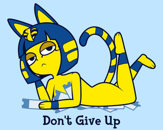 anthro blue_background blue_hair bob_cut female frown fur hair half-closed_eyes lying markings narrowed_eyes nude on_front short_hair simple_background solo striped_markings striped_tail stripes tail tail_markings text ticket uraeus yellow_body yellow_fur rsinnamonroll animal_crossing nintendo ankha_(animal_crossing) domestic_cat felid feline felis mammal 2020 5:4 english_text hi_res