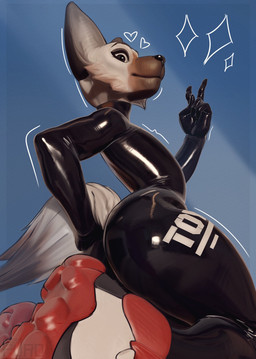 anthro black_bodysuit black_clothing black_latex black_skinsuit bodysuit clothing footwear gesture hand_gesture kneeling latex latex_bodysuit latex_clothing latex_skinsuit male shoes simple_background skinsuit sneakers solo text thick_thighs tight_clothing v_sign kekpuro canid canine mammal english_text hi_res