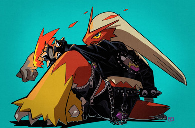 ambiguous_gender anthro blue_background blue_eyes bottomwear bracelet chain clothing cropped_jacket fire fur holowear_(pokemon) jacket jewelry leather leather_bottomwear leather_clothing leather_jacket leather_pants leather_topwear looking_at_viewer looking_back looking_back_at_viewer pants pokemorph rear_view red_body red_fur simple_background sitting solo spiked_bracelet spikes tail tan_body tan_fur topwear yellow_sclera zipper mazinger_yy nintendo pokemon pokemon_unite punk_style_blaziken blaziken generation_3_pokemon pokemon_(species) 2025 hi_res