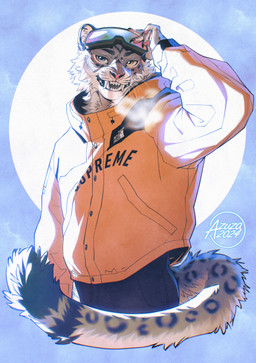 anthro blue_eyes breath clothed clothing fangs fur grey_body grey_fur heterochromia logo looking_at_viewer male narrowed_eyes open_mouth orange_clothing orange_eyes orange_topwear simple_background solo teeth topwear white_body white_fur azuza felid mammal 2024 artist_logo dated