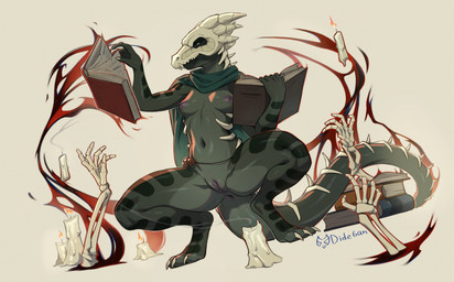 anthro anus bone bone_mask book breasts crouching female genitals green_body green_scales magic mask mostly_nude navel non-mammal_breasts scales simple_background skull skull_head skull_mask solo vulva dide6an scalie hi_res