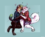 anthro bottomwear clothing cuddling duo eyewear feminism_symbol feminist flannel fluffy glasses hand_holding heart_symbol hug love paws shorts smiles tail tail_motion tailwag danji-isthmus canid canine canis domestic_dog hyena mammal hi_res