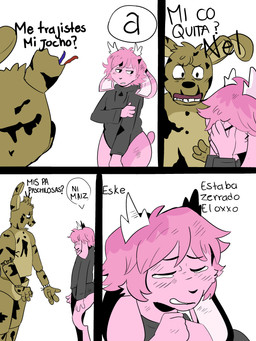4_panel_comic anthro antlers bangs black_clothing black_eyebrows black_eyes black_leotard black_nose blush blush_lines bodily_fluids clothed clothed_anthro clothed_male clothing crying dialogue duo eyebrow_through_hair eyebrows eyes_closed floppy_ears fur hair hand_on_face hand_on_own_arm horn humor larger_anthro larger_male leotard long_ears looking_at_another lop_ears machine male male_anthro open_mouth pink_body pink_fur pink_hair question red_mouth sad short_hair simple_background size_difference smaller_anthro smaller_male speech_bubble tears tears_of_sadness teeth text torn_ear translucent translucent_hair white_antlers white_background wire yellow_body yellow_fur wolflly10 five_nights_at_freddy's five_nights_at_freddy's_3 scottgames fzst springtrap_(fnaf) animatronic jackalope lagomorph leporid mammal rabbit robot 2024 3:4 absurd_res colored comic digital_media_(artwork) hi_res meme shaded simple_shading spanish_description spanish_text translated