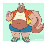 anthro belly beverage big_belly brown_body can clothing container exposed_feet eyewear footwear glasses humanoid_hands male navel overweight overweight_male sandals shirt shoes solo topwear manlyster nintendo pokemon generation_8_pokemon greedent pokemon_(species) 2022