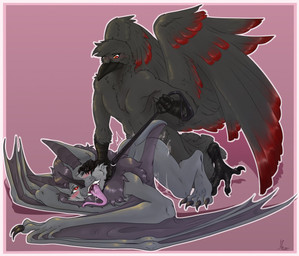 anthro bat_nose black_body black_feathers blush bodily_fluids collar cum cum_inside cum_while_penetrated dominant dominant_male duo fangs feathers feet female fur genital_fluids grey_body grey_fur leash leash_pull male male/female mane membrane_(anatomy) membranous_wings penetration red_body red_eyes red_feathers submissive submissive_female talons teeth toes tongue tongue_out wings neo_tsirk danjil_olivaw eski avian bat bird corvid corvus_(genus) leaf-nosed_bat mammal microbat oscine passerine raven vampire_bat yangochiropteran