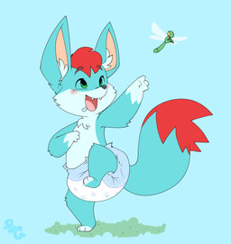 3_toes 4_fingers ambiguous_gender anthro big_diaper black_nose blue_background blue_body blue_fur blue_inner_ear_fluff blue_tail blue_toes bodily_fluids clean_diaper clothed clothing cute_fangs diaper diaper_only dipstick_tail drooling fangs feet fingers fur gloves_(marking) grass hair inner_ear_fluff logo markings on_one_leg open_mouth open_smile pink_inner_ear plant red_hair red_tail_tip saliva simple_background smile solo standing tail tail_markings teeth toes topless tuft wearing_diaper bubblepuppers jay_(lil-aaron) arthropod canid canine dragonfly fennec_fox fox insect mammal true_fox absurd_res artist_logo full-length_portrait hi_res portrait