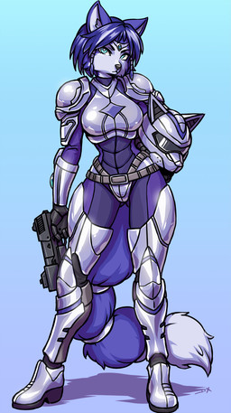 anthro armor blue_body blue_fur blue_hair breasts butt butt_from_the_front dipstick_tail eyebrows eyelashes female fur glistening gun hair handgun headgear helmet holding_gun holding_object holding_ranged_weapon holding_weapon inner_ear_fluff looking_at_viewer markings ranged_weapon short_hair solo standing tail tail_markings tuft weapon luigiix nintendo star_fox krystal_(star_fox) canid canine fox mammal 2021 hi_res