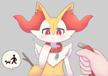 :< ambiguous_anthro ambiguous_gender ambiguous_human anthro biped blush bodily_fluids collar collar_tag duo eyebrows eyelashes first_person_view flying_sweatdrops front_view holding_leash holding_object human_pov leash mostly_offscreen_ambiguous mostly_offscreen_character mostly_offscreen_human navel object_in_tail raised_eyebrow simple_background solo_focus speech_bubble standing stick stick_in_tail sweat sweatdrop tail moduckten nintendo pokemon braixen canid generation_6_pokemon human mammal pokemon_(species) 2024 digital_drawing_(artwork) digital_media_(artwork) japanese_description pictographics translated_description