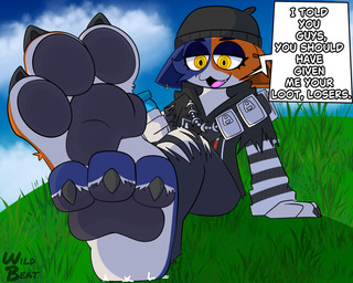 anthro black_pawpads claws dialogue feet female foot_fetish foot_focus grin micro pawpads paws smile soles solo stomping text toe_claws toes wildbeat epic_games fortnite meow_skulls felid feline mammal 5:4 absurd_res english_text hi_res