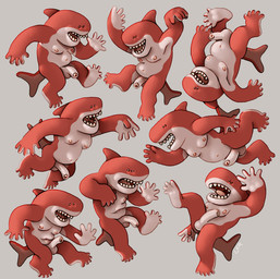 anthro belly big_penis erection flaccid foreskin genitals glans group half-erect happy huge_penis male nipples pecs penis pink_glans pink_nipples raised_arms raised_leg red_body red_skin shark_teeth sharp_teeth silly_pose simple_background slightly_chubby slightly_chubby_male small_eyes smile swimming teeth thick_penis white_belly white_palms white_soles ravuer aquatic fish requiem_shark sandbar_shark shark hi_res