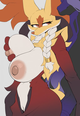 anthro anthro_on_anthro areola big_breasts biped breasts duo female fingers front_view fur genitals hand_on_breast male male/female nipples nude nude_anthro nude_female nude_male penis simple_background standing tan_areola tan_nipples vulva cooliehigh nintendo pokemon delphox generation_6_pokemon generation_8_pokemon legendary_pokemon pokemon_(species) spectrier 2026 digital_drawing_(artwork) digital_media_(artwork) hi_res