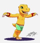 bottomwear clothing male shorts solo swimming swimming_trunks swimwear sagadreams bandai_namco digimon agumon digimon_(species)