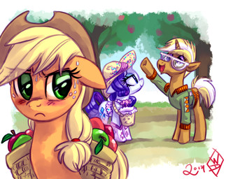 apple blonde_hair blush bodily_fluids clothed clothing cowboy_hat female feral food footwear freckles fruit group hair hat headgear headwear hooves horn outside plant purple_hair quadruped shoes sweat tail tree trio whitediamonds friendship_is_magic hasbro my_little_pony mythology applejack_(mlp) rarity_(mlp) trenderhoof_(mlp) equid equine mammal mythological_creature mythological_equine unicorn 2014