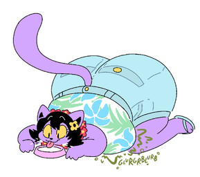 all_fours anthro ass_up belly big_belly big_butt black_hair bowl butt clothed clothing container drinking drinking_milk eyelashes female flower_necklace flower_on_head footwear fur gurgle_(sound_effect) hair huge_butt milk overweight overweight_anthro overweight_female purple_body purple_fur rumbling_stomach sandals shoes simple_background smile solo tail tongue tongue_out white_background yellow_sclera kibblekritterz undertale_(series) catty_cattenheimer domestic_cat felid feline felis mammal hi_res