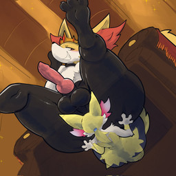 animal_genitalia animal_penis anthro balls big_balls big_penis canine_genitalia canine_penis crown crown_only duo erection facesitting femboy genitals headgear headgear_only inner_ear_fluff male male/male penis red_eyes sitting_on_another smile thick_thighs tuft wide_hips retromander nintendo pokemon chi_(mischiefmaster) grey_(dgbraixen) braixen delphox generation_6_pokemon pokemon_(species) 1:1 hi_res