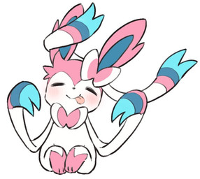 ambiguous_gender blep blush bow_ribbon eyes_closed feral fur multicolored_ears pink_paws ribbons_(anatomy) simple_background solo tongue tongue_out white_background white_body white_ribbon yakiniku628 nintendo pokemon eeveelution generation_6_pokemon pokemon_(species) sylveon colored