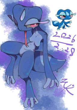 anthro blue_body breasts eyelashes feet female female_anthro fingerless_(marking) forked_tongue head_markings markings navel purple_eyes small_breasts solo tail thick_tail toeless_(marking) tongue zc_rusklife nintendo pokemon pokemon_winds_and_waves gecqua generation_10_pokemon pokemon_(species) 2026 hi_res