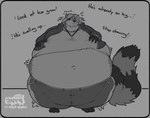 anthro belly belly_expansion big_belly blueberry_inflation bodily_fluids body_inflation chewing clothed clothing dialogue expansion flying_sweatdrops fur hair hand_on_belly huge_belly hyper hyper_belly inflation logo male markings moobs motion_lines navel offscreen_character ring_(marking) ringed_tail solo standing striped_markings striped_tail stripes sweat sweatdrop tail tail_markings text tight_clothing whistle_around_neck worried jn_y4 mammal procyonid raccoon 2025 artist_logo dated english_text spot_color