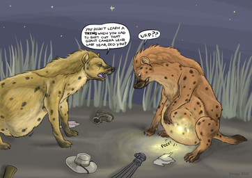 ambiguous_gender ambiguous_pred ambiguous_prey belly big_belly bloated camera camera_flash claws clothing dialogue discarded_clothing duo face_imprint feral feral_pred finger_claws fully_inside fur human_prey imprint markings multiple_pred multiple_prey night onomatopoeia outside profanity quadruped soft_vore sound_effects speech_bubble spots spotted_body spotted_fur tail text toe_claws torn_clothing tripod vore strega human hyena mammal spotted_hyena 2010 english_text watermark