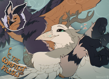 anthro antlers beak butt butt_pillow claws duo feathers feet glowing glowing_markings head_on_butt heart_symbol horn hug hugging_another hugging_butt hugging_legs looking_at_another male male/male markings purple_body purple_feathers tail tail_feathers talons text toes white_body white_feathers winged_arms wings yellow_body yellow_feathers trickate alkuuda_(character) artamid australian_magpie avian bird cracticine eared_owl long-eared_owl oscine owl passerine true_owl hi_res