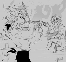 anthro bar barrel beverage blush bowed_string_instrument duo_focus eyewear furniture glasses group heart_eyes heart_symbol historical_western_clothing inside looking_at_another male male/male musical_instrument playing_music playing_violin regency_period regency_period_clothing rococo_clothing silhouette_background sitting sitting_at_table smile smitten string_instrument victorian vintage violin tatujapa edgar_vladilisitsa joseph_corbeau avian bird canid canine corvid fox mammal oscine passerine 2022 monochrome sketch