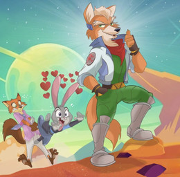 anthro boots clothing fangirling female footwear green_jumpsuit group heart_symbol holding_back holding_partner male pawpads paws planet police police_uniform shoes tail tail_grab trio uniform cutestneko richietoons disney nintendo star_fox zootopia fox_mccloud judy_hopps nick_wilde canid canine european_rabbit fox lagomorph leporid mammal oryctolagus rabbit red_fox true_fox