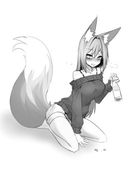 alcohol beer beverage big_breasts big_tail bodily_fluids bottle bottomwear bra_strap breasts clothed clothing container drooling drunk female fluffy fluffy_tail fully_clothed hair inner_ear_fluff kneeling long_hair looking_at_viewer open_mouth pupils saliva shorts simple_background slit_pupils smile solo substance_intoxication sweater tail topwear tuft white_background sub-res animal_humanoid canid canid_humanoid canine canine_humanoid fox fox_humanoid humanoid mammal mammal_humanoid 2016 greyscale hi_res monochrome