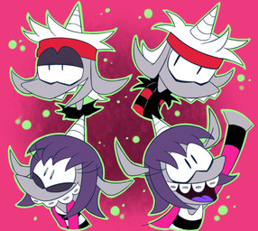 1_horn accessory anthro black_clothing black_eyes black_shirt black_topwear black_vest braces clothing duo eyelashes female fur grey_body grey_ears grey_fur grey_nose hair half-closed_eyes happy headband horn male multicolored_clothing multicolored_shirt multicolored_topwear narrowed_eyes pink_clothing pink_shirt pink_topwear pose purple_hair purple_tongue raised_hand red_clothing red_headband red_shirt red_topwear sharp_teeth shirt smile teeth tongue topwear two_tone_clothing two_tone_shirt two_tone_topwear two_tone_vest vest white_clothing white_hair white_horn white_topwear white_vest young young_anthro young_female young_male 8-bit-britt corn_kidz_64 alexis_(corn_kidz_64) seve_(corn_kidz_64) bovid caprine goat mammal 2025 digital_media_(artwork) hi_res