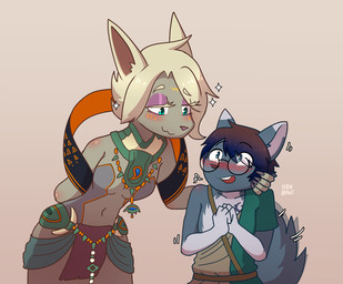 anthro blue_body blue_fur blush brown_hair clothing duo eye_contact eyewear female fur glasses grey_body hair jewelry larger_female looking_at_another male male/female secret_stone shy size_difference smaller_male sparkles tail tail_motion tailwag white_body white_fur white_hair zonai_clothing krishadraws nintendo tears_of_the_kingdom the_legend_of_zelda mineru zakku_(fursona) canid canine mammal zonai 2024 digital_drawing_(artwork) digital_media_(artwork) hi_res