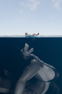 anthro bikini clothing duo female imminent_vore macro male male/female pool_toy sea swimwear two-piece_swimsuit vore_implied water c127tgtfs aquatic canid canine fish fox mammal shark 2:3 absurd_res hi_res