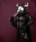 5_fingers ambiguous_gender armor blood blood_on_clothing blood_on_weapon bodily_fluids bottomwear cape clothed clothing coat fingers fully_clothed gloves handwear horn machete mask melee_weapon pants plague_doctor simple_background solo standing topwear weapon weapon_on_shoulder arrwulf hi_res portrait three-quarter_portrait