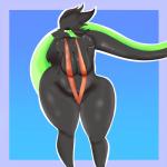 anthro bent_over big_breasts bikini black_body black_fur breasts clothing curvy_figure female front_view fur green_body green_fur hands_behind_back huge_breasts huge_hips huge_thighs hyper looking_at_viewer one-piece_swimsuit sling_bikini smile solo swimwear tail thick_tail thick_thighs two-piece_swimsuit voluptuous wide_hips pokebii vioxx_(character) mammal 1:1 hi_res