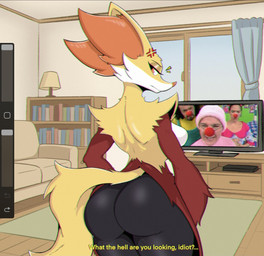 anthro big_butt breasts bubble_butt butt cross-popping_vein curtains_open dialogue electronics emanata female furniture inner_ear_fluff inside looking_back medium_breasts pokemorph red_eyes rug sofa solo standing tail television text thick_thighs tuft wide_hips window hambusan nintendo pataclaun pokemon delphox generation_6_pokemon pokemon_(species) english_text hi_res