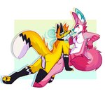 anthro collar dominant dominant_female drugs duo female male male/female marijuana pink_body shotgunning smoke yellow_body alienpoosy thunder_fox hi_res
