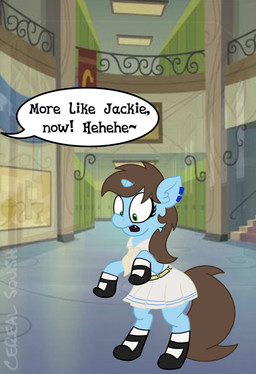 ambiguous_gender blue_body brown_hair clothed clothing crossdressing ear_piercing feral green_eyes hair horn piercing screencap screencap_background solo speech_bubble text transformation cereal_squish beastars hasbro my_little_pony mythology fan_character juno_(beastars) equid equine mammal mythological_creature mythological_equine unicorn 2025 compression_artifacts english_text hi_res