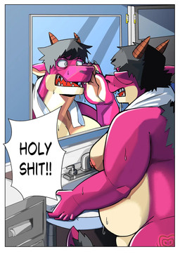 5_fingers after_shower anthro bathroom belly big_belly big_nipples border cabinet claws dialogue door fangs fingers forced forced_transformation glowing glowing_tattoo looking_at_self magenta_body magenta_scales male mirror mirror_reflection moobs nipples nude overweight overweight_anthro overweight_male pointy_ears reflection shocked sink solo tail tail_hair tattoo teeth towel transformation transformation_sequence transformation_through_magic weight_gain wet wet_body white_border coolietf kobold scalie comic hi_res