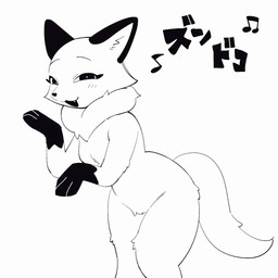 anthro black_body blush crotch_tuft dancing eyelashes fangs female gloves_(marking) markings musical_note musical_symbol neck_tuft solo symbol tail tail_motion tail_sway teeth text tuft white_body ananna0031 canid canine fox mammal 1:1 2025 2d_animation animated digital_media_(artwork) frame_by_frame hi_res japanese_text sketch