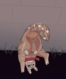 against_surface against_wall animal_genitalia animal_penis anthro anus balls brown_body butt butt_focus camo camo_print canine_genitalia canine_penis eyewear feet genitals glasses grass looking_at_viewer male penile_spines penis plant presenting presenting_anus presenting_hindquarters red_scarf scarf solo tail tapering_penis toes cocofish rain_world videocult chip_(remycuga) slugcat absurd_res hi_res
