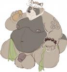 2018 anthro balls belly big_balls canid canine captainjusticevirtsuoso flaccid genitals hi_res huge_balls humanoid_hands justicecaptainv male mammal moobs navel nipples overweight overweight_anthro overweight_male penis raccoon_dog simple_background small_penis solo tanuki tattoo white_background