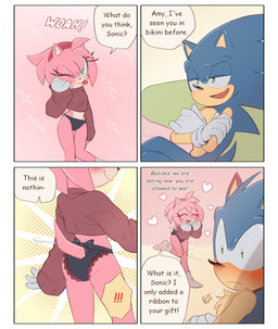 anthro black_clothing black_panties black_underwear blush clothing cropped_sweater duo female male panties surprised text underwear tiolimond sega sonic_the_hedgehog_(series) amy_rose sonic_the_hedgehog eulipotyphlan hedgehog mammal comic english_text hi_res