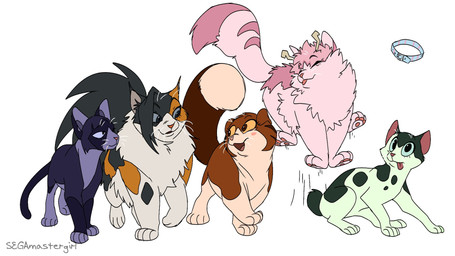 ambiguous_gender antennae_(anatomy) blue_eyes brown_eyes docked_tail feral feralized fluffy fluffy_tail fur ginger_fur green_body green_fur group happy invisible jumping long_tail multicolored_body multicolored_fur pink_body pink_fur purple_body purple_fur quadruped short_tail simple_background smile spots tail text tongue tongue_out white_background yellow_eyes segamastergirl my_hero_academia warriors_(book_series) ashido_mina asui_tsuyu kyoka_jiro momo_yaoyorozu ochaco_uraraka toru_hagakure calico_cat domestic_cat felid feline felis mammal 16:9 artist_name crossover hi_res widescreen